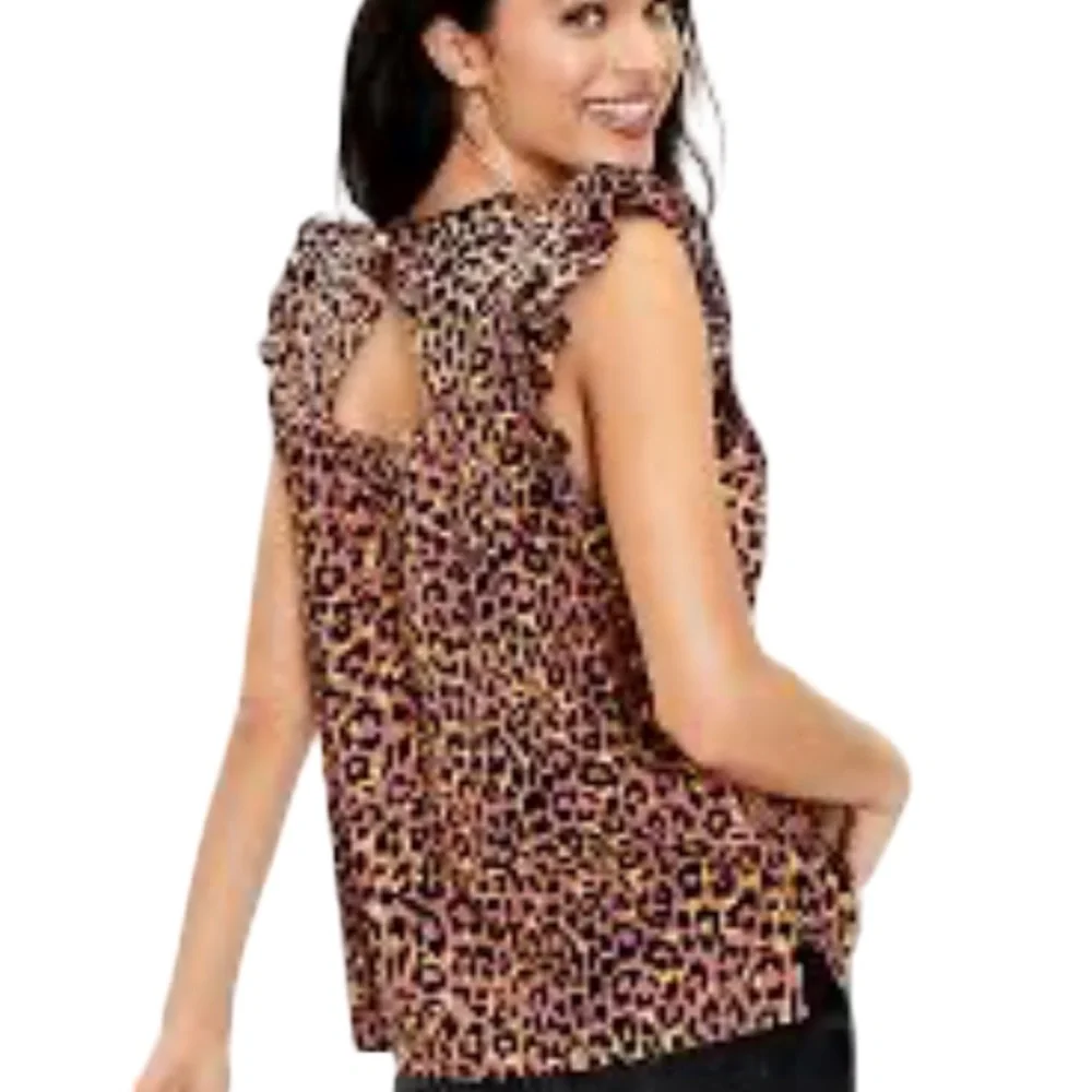LOFT Leopard Print Cutout Back Ruffle Shell - Picture 3 of 8